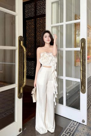 Set áo xược ý quây hoa 3D & quần suông dài thanh lịch – dự tiệc, đám cưới | Khiết KS677A