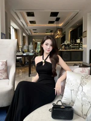 Đầm maxi cổ yếm thun vân – sự kiện, hẹn hò | Khiết KD725