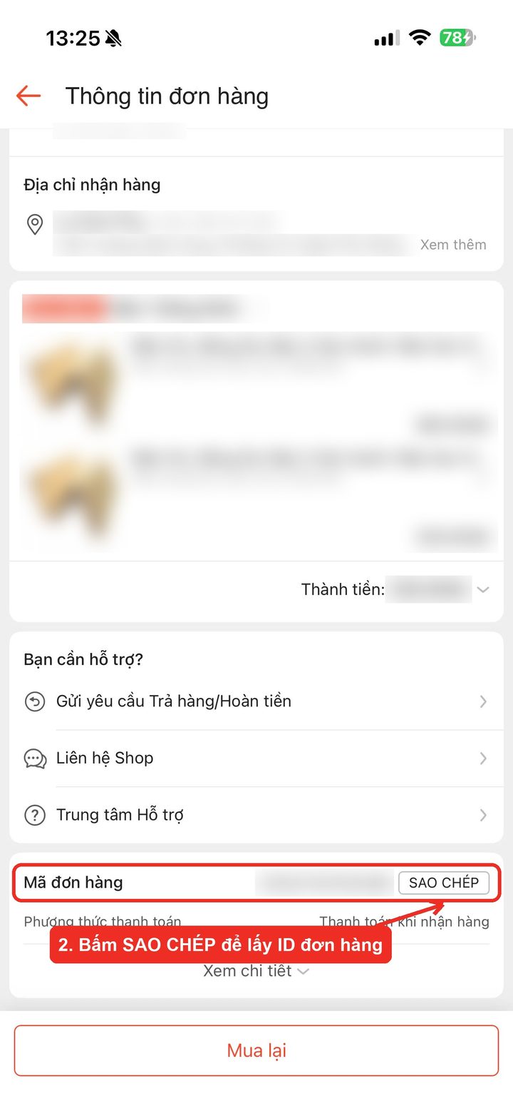 Bước 2: bấm SAO CHÉP cạnh Mã đơn hàng