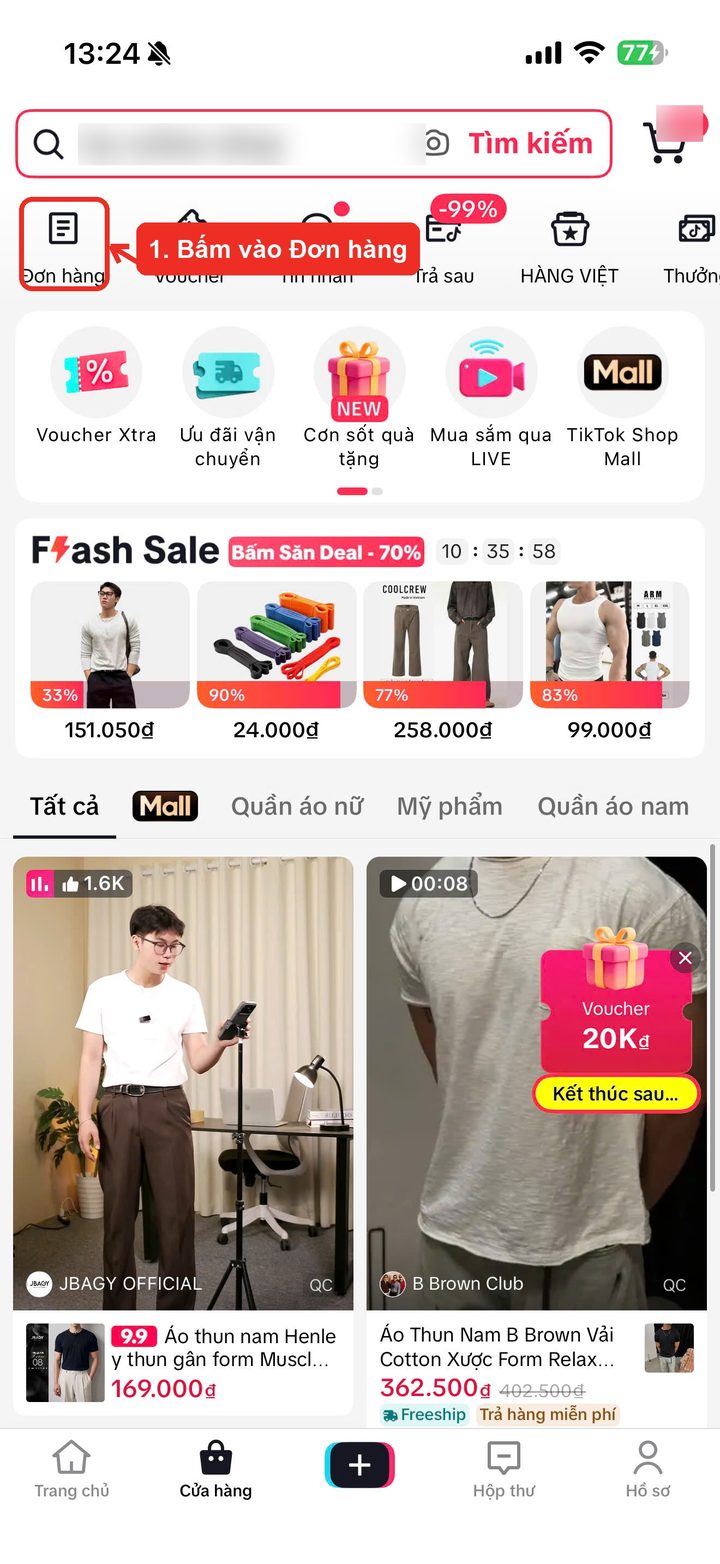 Bước 1: bấm Đơn hàng trong tab Cửa hàng TikTok