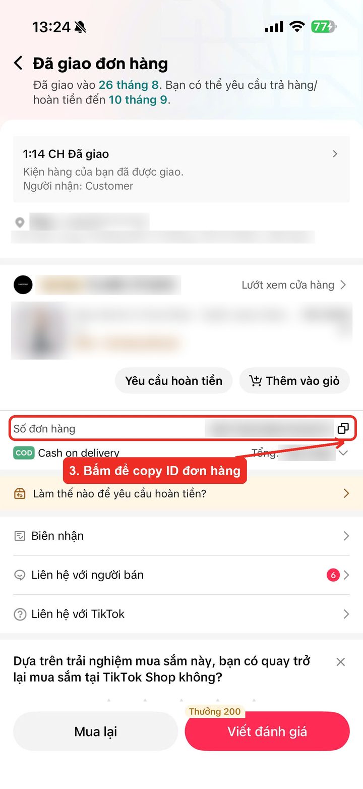 Bước 3: bấm nút copy cạnh Số đơn hàng